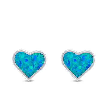 Heart Stud Earrings Lab Created Blue Opal 925 Sterling Silver (8mm)